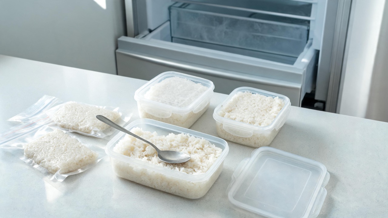Porties gekookte rijst in vriesbakjes klaar voor de vriezer