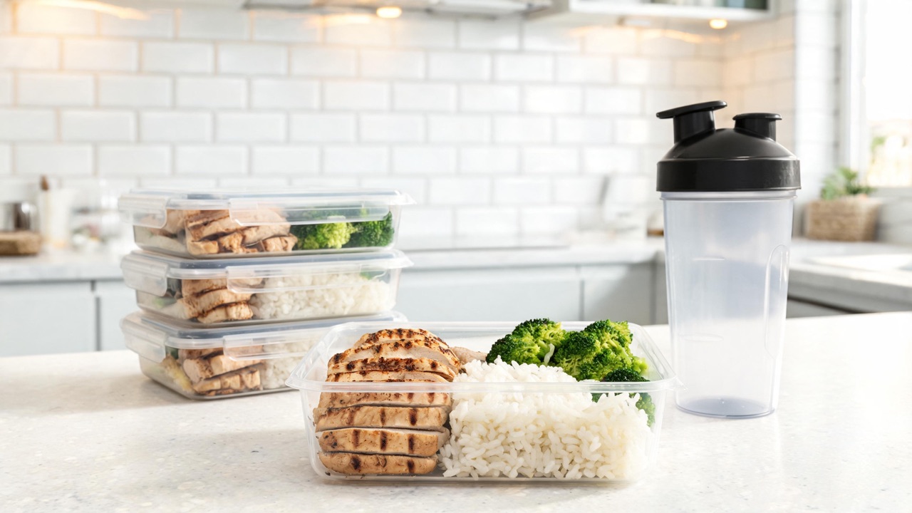 Eiwitrijke meal prep maaltijden met kip, rijst en broccoli in bakjes